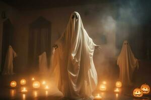 umano nel spaventoso fantasmi costume volante dentro il vecchio Casa a notte. spaventoso Halloween sfondo con fantasma. fantasma su Halloween celebrazione concetto di ai generato foto