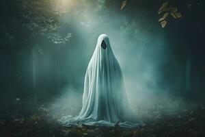 umano nel spaventoso fantasmi costume volante dentro il vecchio Casa a notte. spaventoso Halloween sfondo con fantasma. fantasma su Halloween celebrazione concetto di ai generato foto