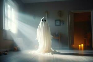 umano nel spaventoso fantasmi costume volante dentro il vecchio Casa a notte. spaventoso Halloween sfondo con fantasma. fantasma su Halloween celebrazione concetto di ai generato foto