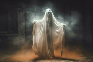 umano nel spaventoso fantasmi costume volante dentro il vecchio Casa a notte. spaventoso Halloween sfondo con fantasma. fantasma su Halloween celebrazione concetto di ai generato foto