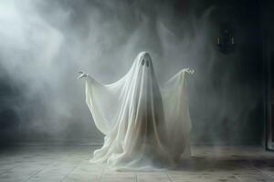 umano nel spaventoso fantasmi costume volante dentro il vecchio Casa a notte. spaventoso Halloween sfondo con fantasma. fantasma su Halloween celebrazione concetto di ai generato foto