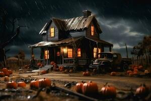 frequentato Casa su Halloween celebrazione concetto. spaventoso Casa Halloween sfondo con abbandonato edificio e zucca. pauroso Casa con raccapricciante edificio a notte di ai generato foto