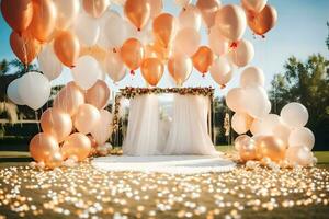un' nozze cerimonia con palloncini e bianca tulle. ai-generato foto