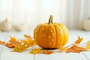 decorativo zucca sfondo e asciutto autunno le foglie su di legno preparativi al chiuso. Halloween concetto di ai generato foto