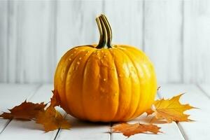 decorativo zucca sfondo e asciutto autunno le foglie su di legno preparativi al chiuso. Halloween concetto di ai generato foto