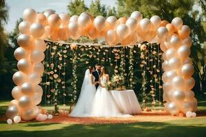 un' sposa e sposo siamo in piedi sotto un' Palloncino arco. ai-generato foto