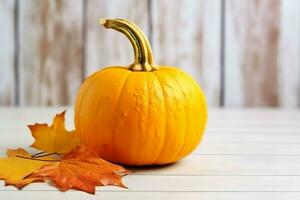 decorativo zucca sfondo e asciutto autunno le foglie su di legno preparativi al chiuso. Halloween concetto di ai generato foto