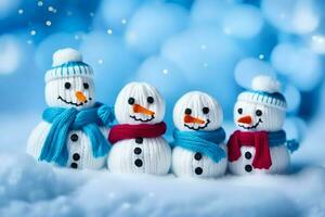 quattro pupazzi di neve indossare sciarpe e cappelli nel il neve. ai-generato foto