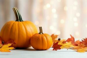 decorativo zucca sfondo e asciutto autunno le foglie su di legno preparativi al chiuso. Halloween concetto di ai generato foto