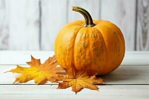 decorativo zucca sfondo e asciutto autunno le foglie su di legno preparativi al chiuso. Halloween concetto di ai generato foto