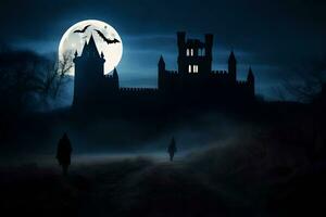 Halloween, castello, notte, sinistro, Halloween, castello, sinistro,. ai-generato foto