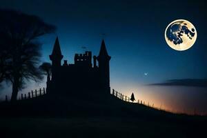 un' castello nel il notte con un' pieno Luna. ai-generato foto