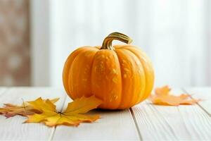 decorativo zucca sfondo e asciutto autunno le foglie su di legno preparativi al chiuso. Halloween concetto di ai generato foto