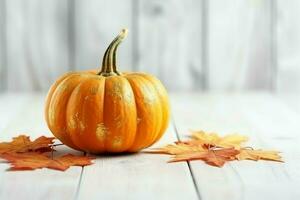 decorativo zucca sfondo e asciutto autunno le foglie su di legno preparativi al chiuso. Halloween concetto di ai generato foto