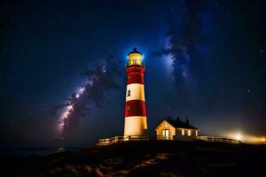 un' faro con stelle nel il cielo e un' leggero Casa. ai-generato foto