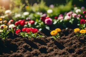 molti diverso colorato fiori in crescita nel il sporco. ai-generato foto