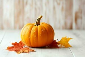 decorativo zucca sfondo e asciutto autunno le foglie su di legno preparativi al chiuso. Halloween concetto di ai generato foto