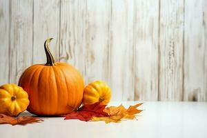 decorativo zucca sfondo e asciutto autunno le foglie su di legno preparativi al chiuso. Halloween concetto di ai generato foto