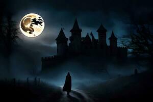 un' uomo a piedi nel davanti di un' castello a notte. ai-generato foto