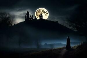 un' persona a piedi nel davanti di un' castello nel il scuro. ai-generato foto