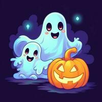 un' divertente fantasmi su Halloween celebrazione nel un' cimitero a notte nel carino cartone animato stile. Halloween di ai generato foto