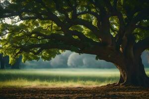 un' grande albero nel il mezzo di un' campo. ai-generato foto