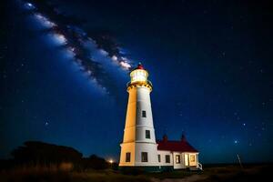 un' faro con stelle nel il cielo e un' leggero splendente. ai-generato foto