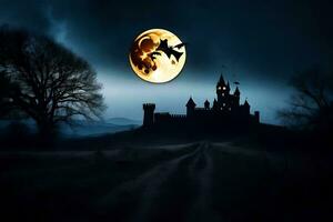 Halloween castello con un' pieno Luna nel il cielo. ai-generato foto