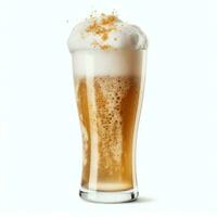 un' bicchiere di freddo fresco birra con berretto di schiuma. spruzzo di schiuma con gustoso americano birra. birra giorno concetto di ai generato foto