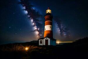 un' faro con stelle nel il cielo e un' leggero splendente su esso. ai-generato foto