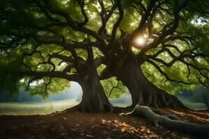 Due grande alberi con il sole splendente attraverso loro. ai-generato foto