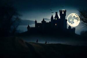 Halloween castello nel il buio con pieno Luna. ai-generato foto