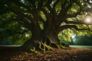 il sole brilla attraverso il alberi radici. ai-generato foto