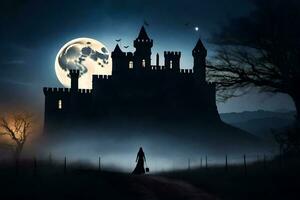 un' donna passeggiate attraverso un' buio foresta a notte con un' castello nel il sfondo. ai-generato foto