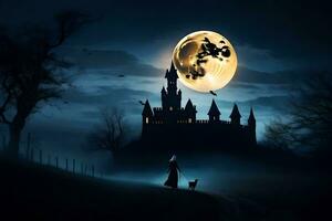 Halloween castello, strega, Luna, sinistro, Halloween, castello, strega,. ai-generato foto