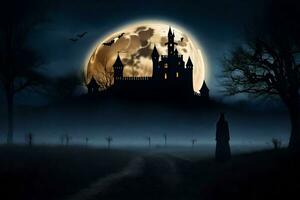 Halloween castello nel il buio con un' pieno Luna. ai-generato foto