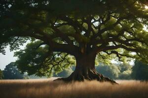 un' grande quercia albero nel il mezzo di un' campo. ai-generato foto