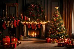 Natale camino con regali e un' albero. ai-generato foto