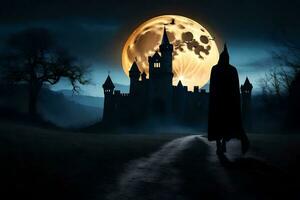 un' strega passeggiate nel davanti di un' castello a notte. ai-generato foto