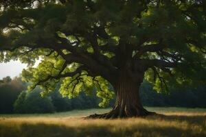 un' grande albero nel il mezzo di un' campo. ai-generato foto