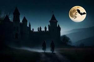 Due persone a piedi nel davanti di un' castello a notte. ai-generato foto