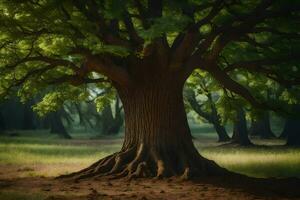 un' grande albero nel il mezzo di un' campo. ai-generato foto