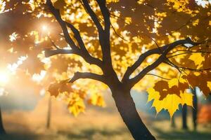 il sole brilla attraverso il le foglie di un' albero. ai-generato foto