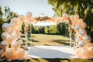 un' nozze arco con bianca palloncini e fiori. ai-generato foto