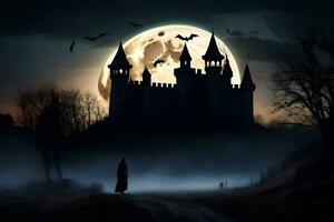 un' castello con pipistrelli volante al di sopra di esso nel il notte. ai-generato foto