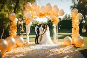 nozze coppia sotto il arco di giallo palloncini. ai-generato foto