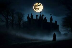 un' uomo nel un' mantello passeggiate nel davanti di un' castello a notte. ai-generato foto