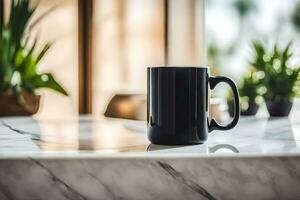 un' nero caffè boccale su un' marmo contatore. ai-generato foto