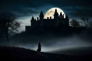 un' uomo passeggiate nel davanti di un' castello a notte. ai-generato foto