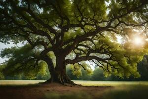 il sole brilla attraverso il le foglie di un vecchio quercia albero. ai-generato foto